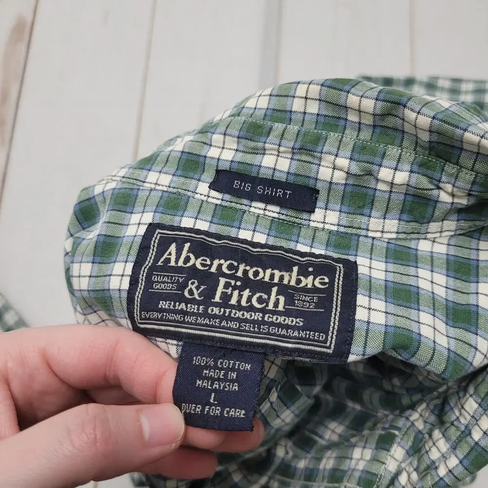 Vintage 90s Abercrombie & Fitch Big Shirt green long sleeve checkered plaid Y2k - Picture 7 of 7